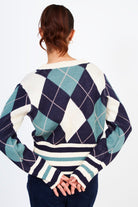 Green large argyle varsity trim V neck sweater_2