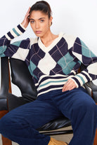 Green large argyle varsity trim V neck sweater_1