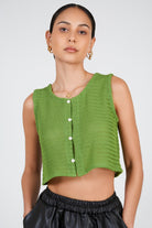 Green loose weave button front tank_2