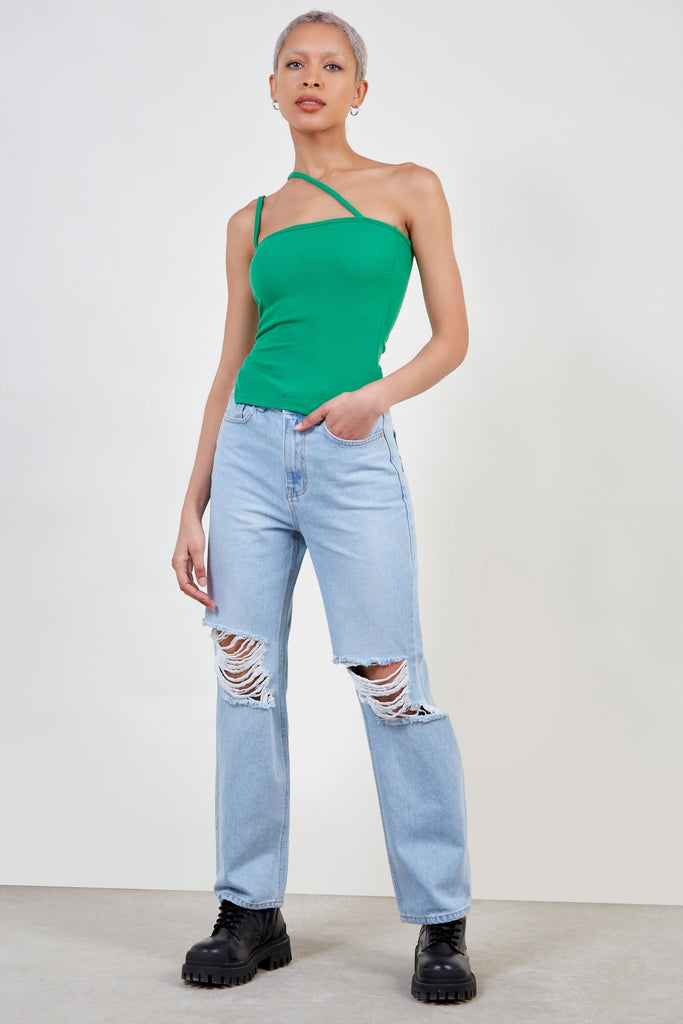 Green one shoulder double strap tank top_3
