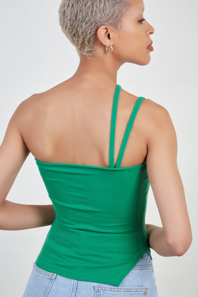 Green one shoulder double strap tank top_5