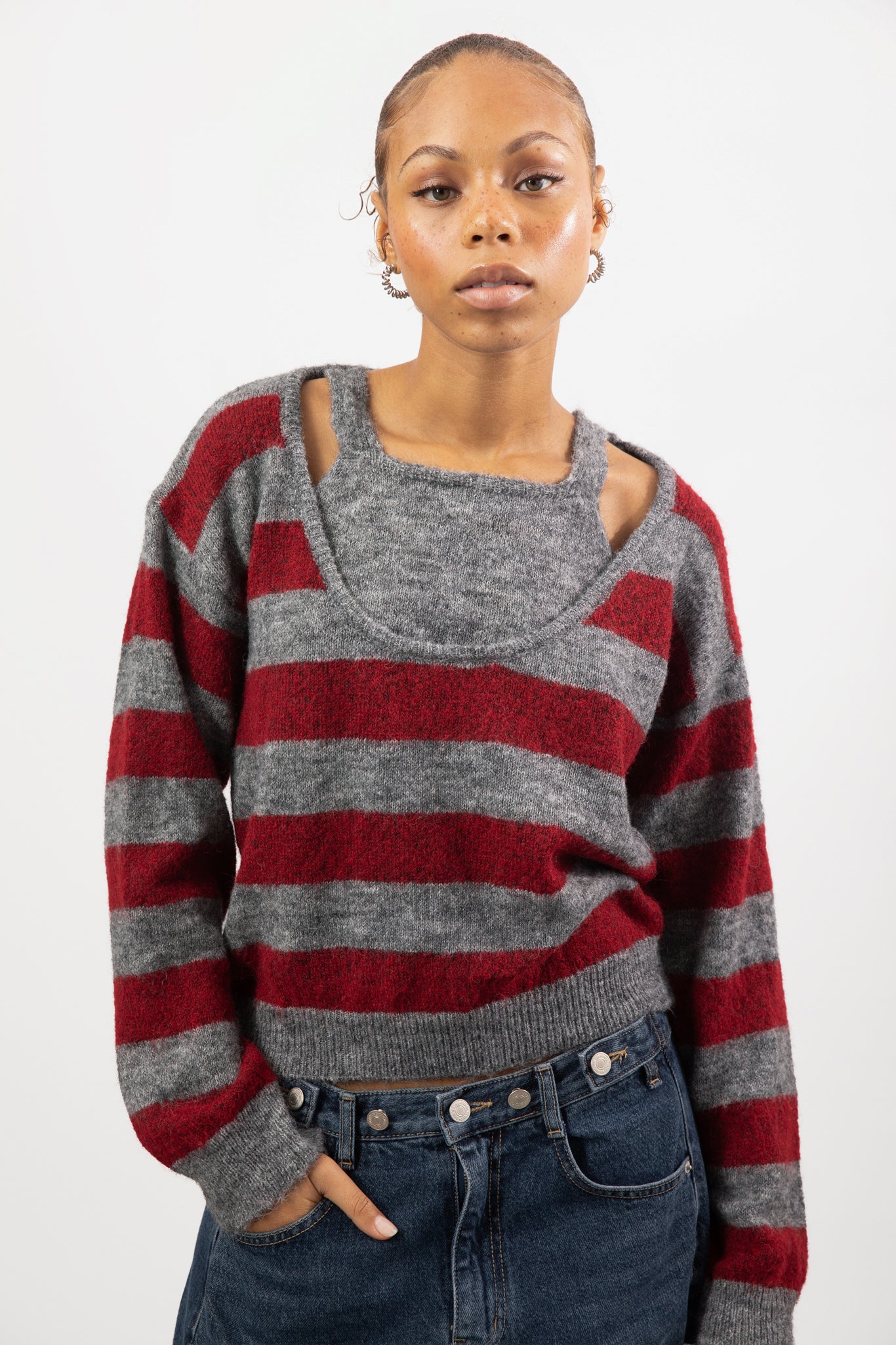 Grey and burgundy block striped double layered jumper_1