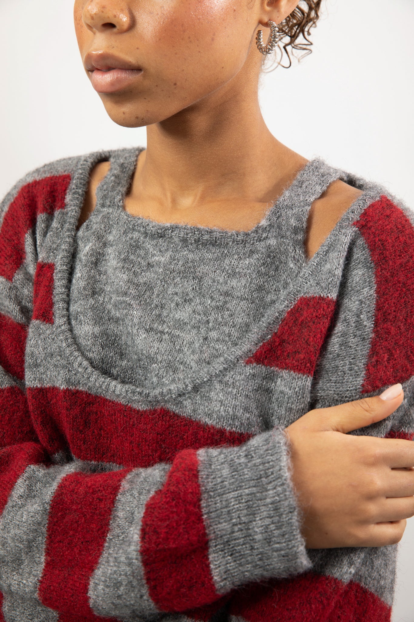 Grey and burgundy block striped double layered jumper_3