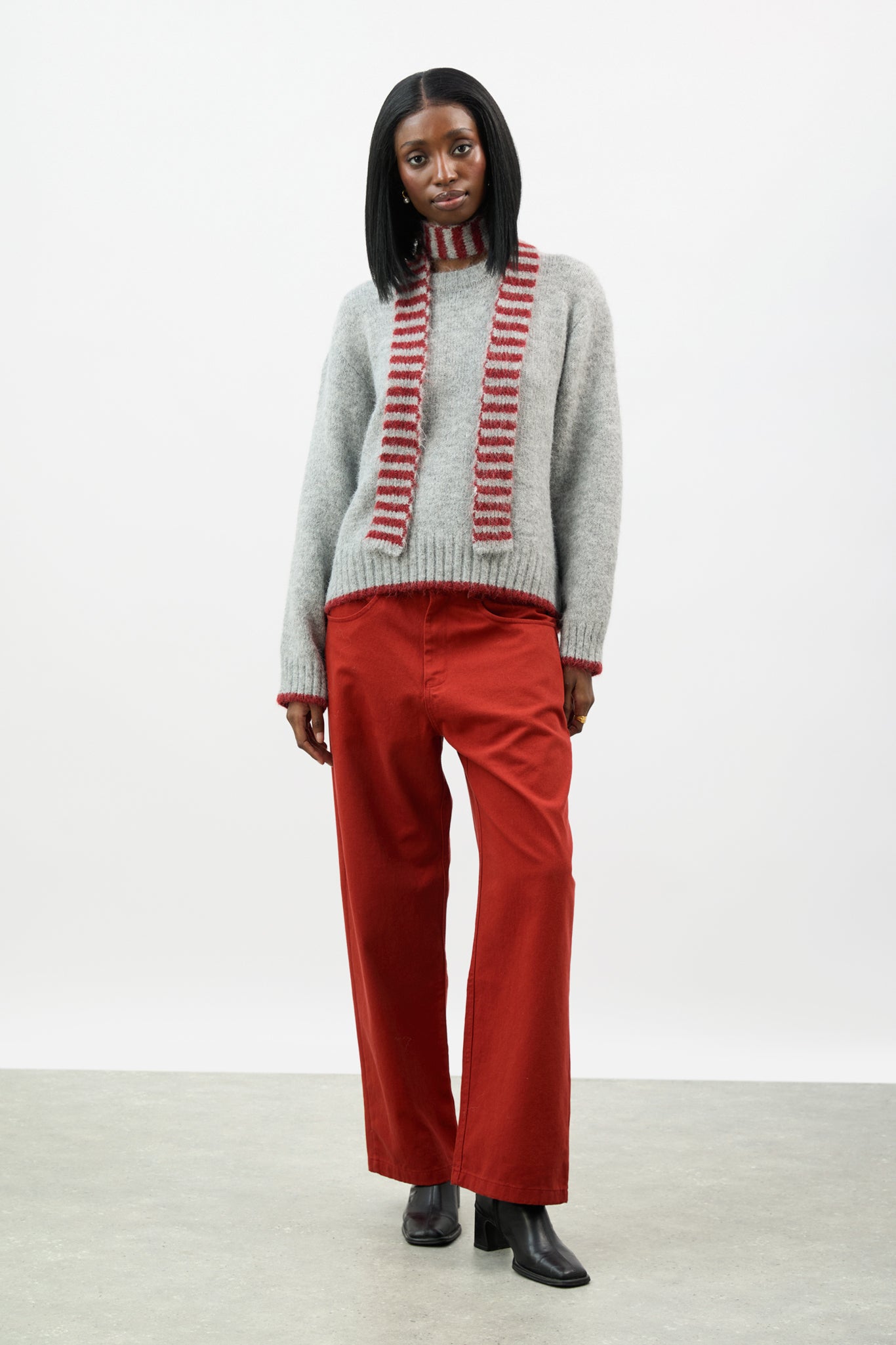 Grey and burgundy wool blend striped tiny scarf jumper_5