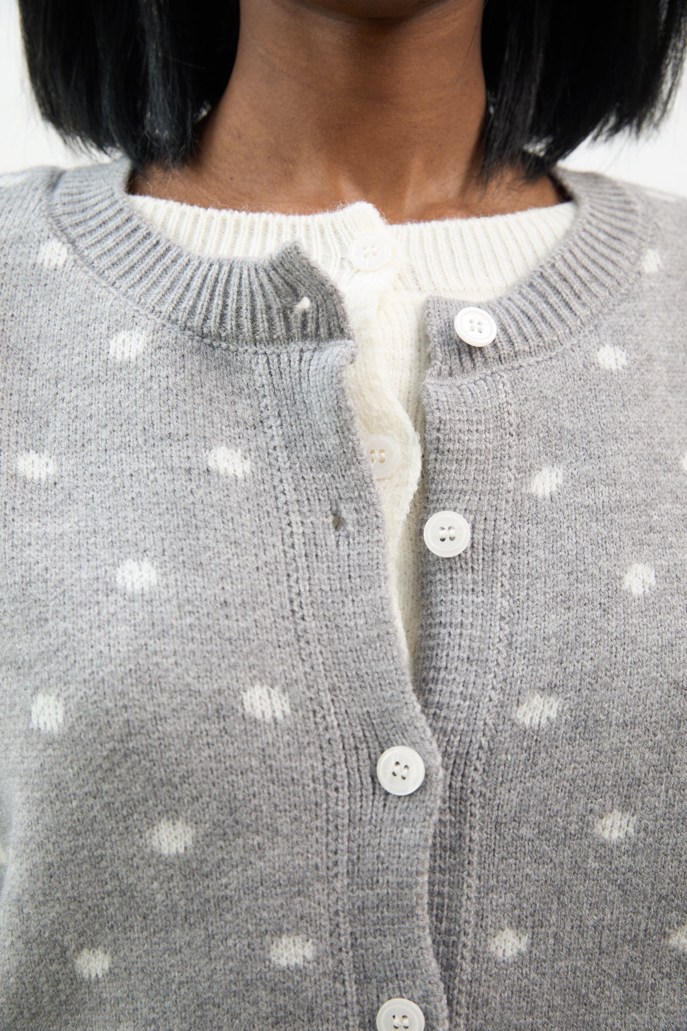 Grey and ivory polka dot round neck cardigan_3