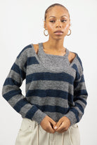 Grey and navy block striped double layered jumper_1