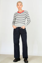 Grey and navy striped wool blend red trim V neck jumper_5