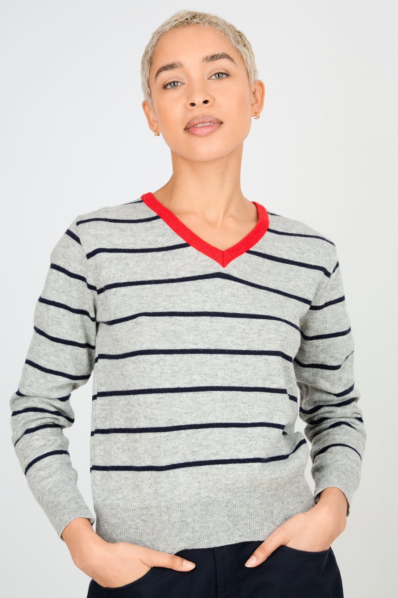 Grey and navy striped wool blend red trim V neck jumper_2