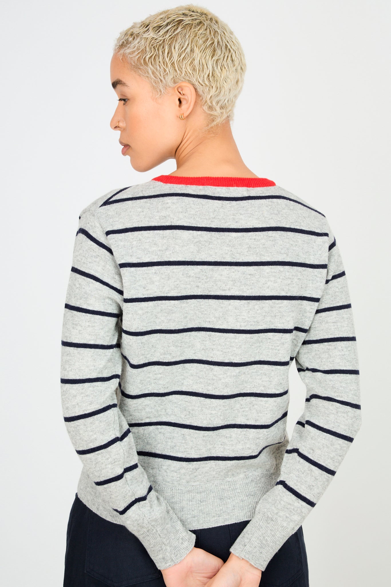 Grey and navy striped wool blend red trim V neck jumper_3