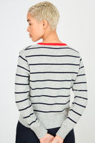 Grey and navy striped wool blend red trim V neck jumper_3