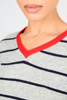 Grey and navy striped wool blend red trim V neck jumper_4
