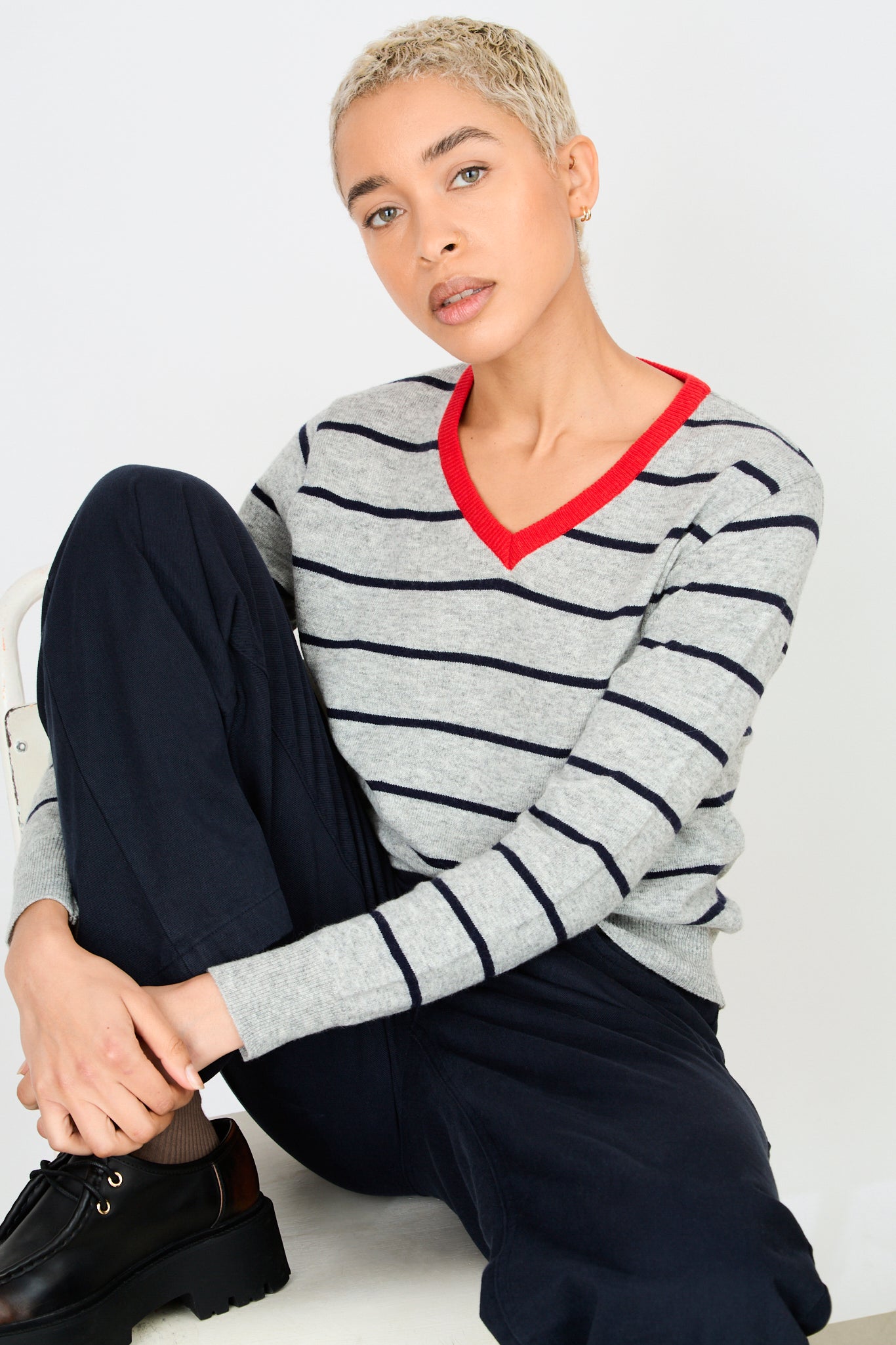 Grey and navy striped wool blend red trim V neck jumper_1