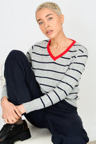 Grey and navy striped wool blend red trim V neck jumper_1