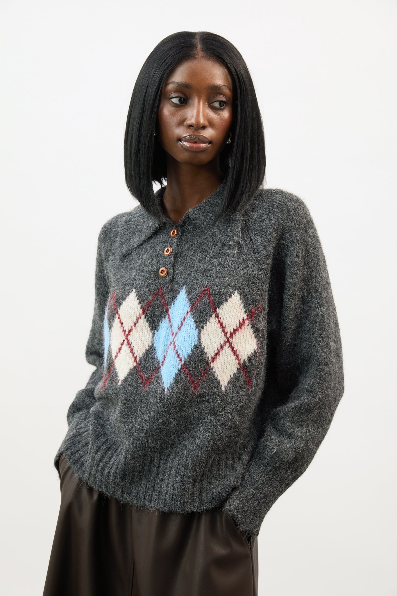 Grey blue and ivory argyle wool blend collared jumper_1