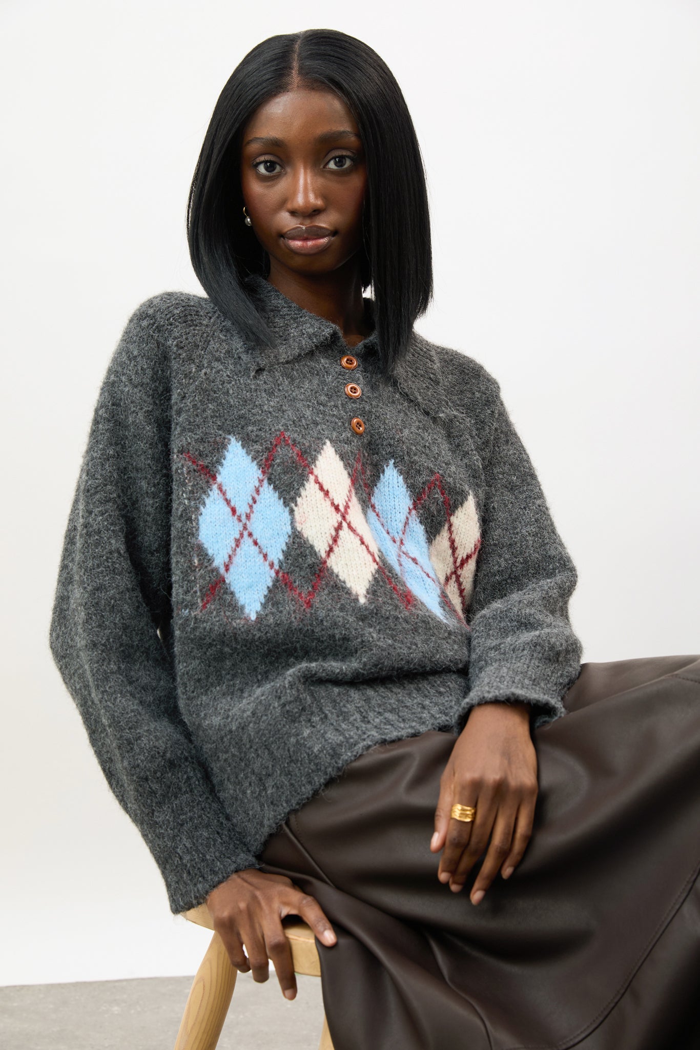 Grey blue and ivory argyle wool blend collared jumper_5