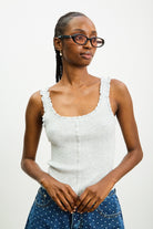 Heather grey frill trim button up knit tank_1