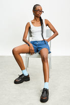 Heather grey frill trim button up knit tank_5