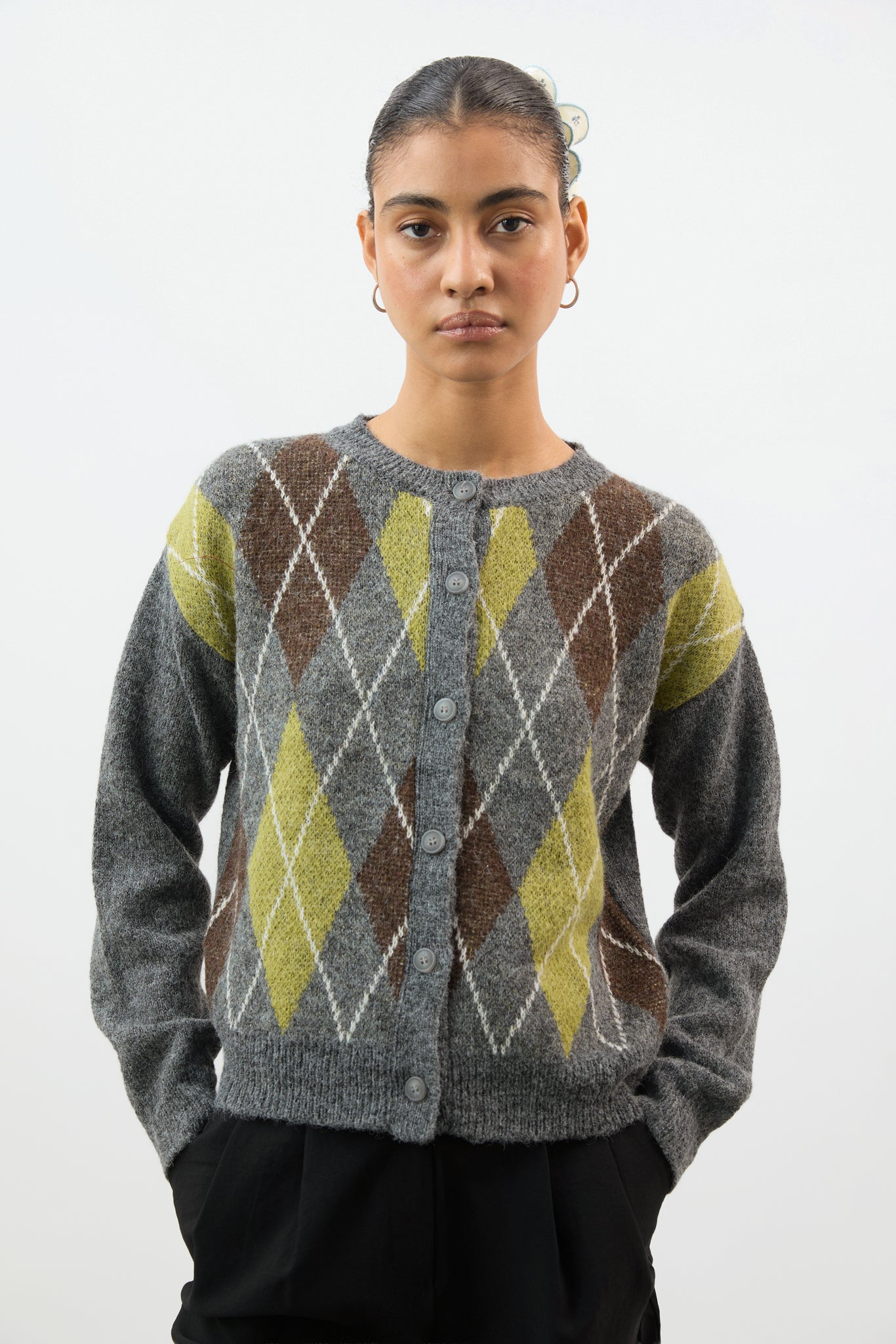 Grey green and brown argyle alpaca wool blend cardigan_1