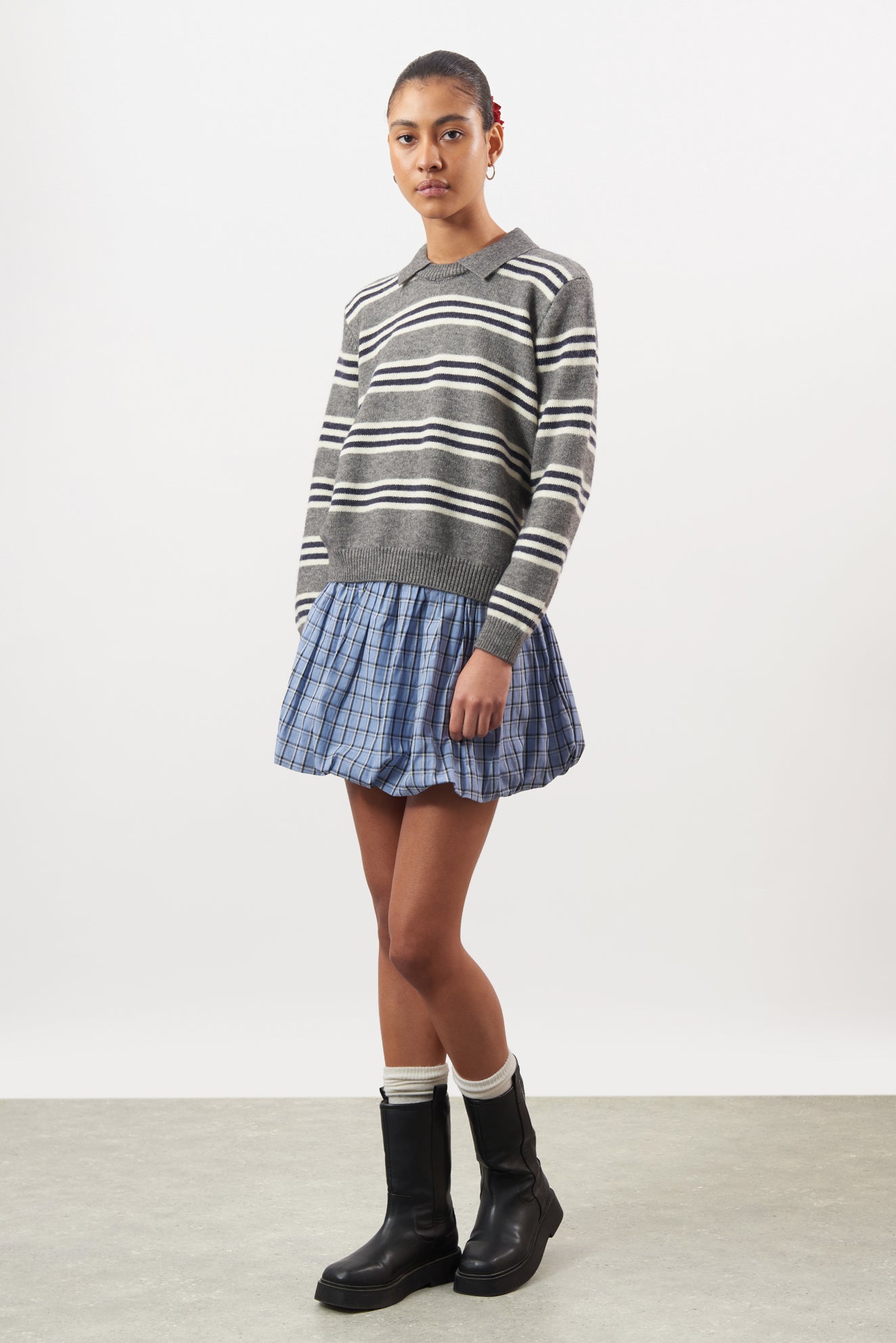 Grey ivory and black multi stripe collared jumper_4