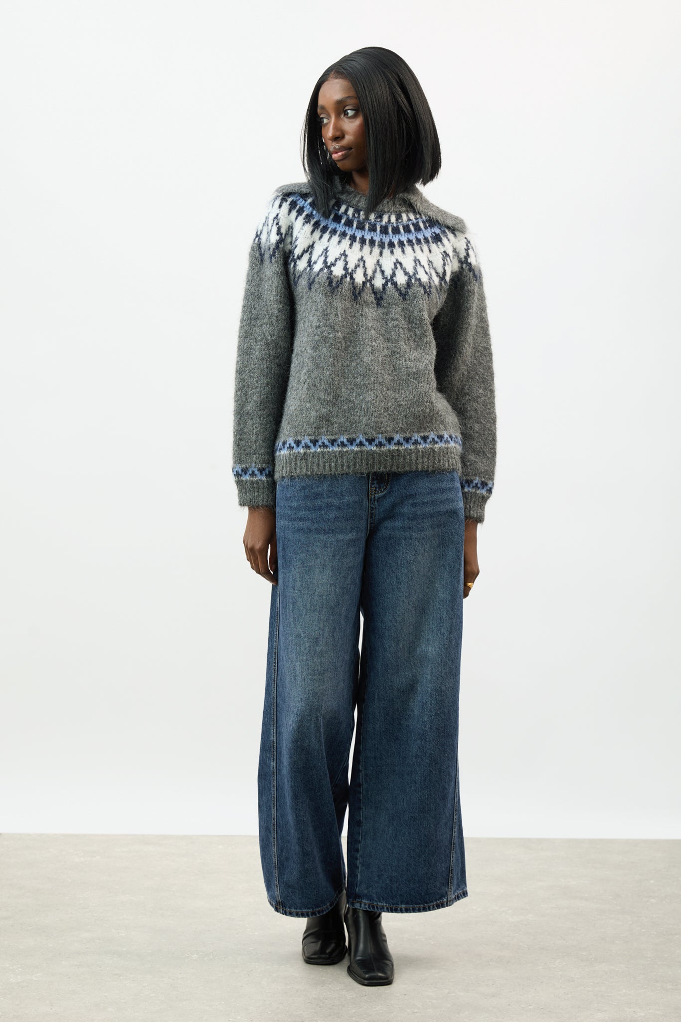 Grey ivory and blue Fair Isle wool blend collared jumper_4