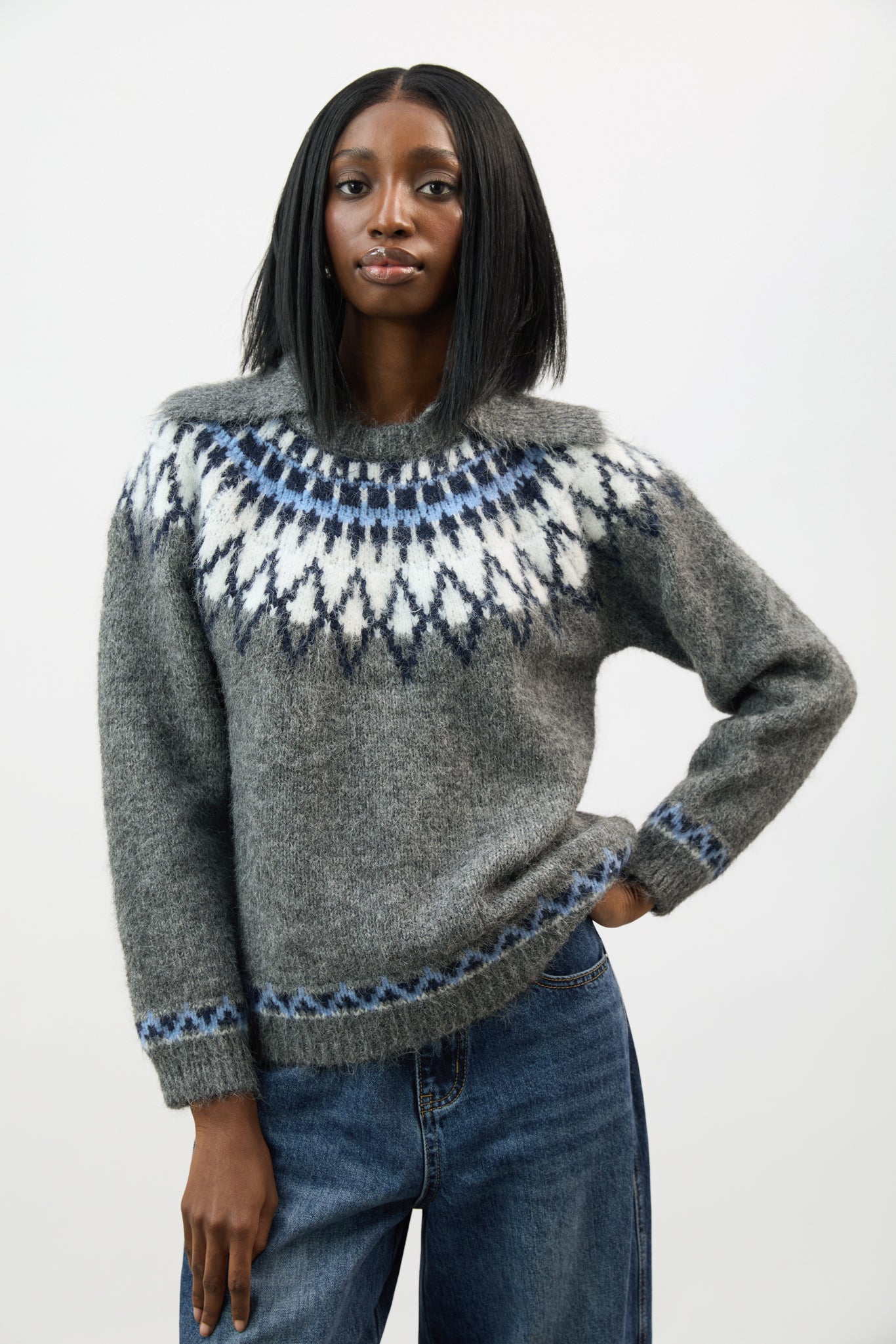 Grey ivory and blue Fair Isle wool blend collared jumper_1