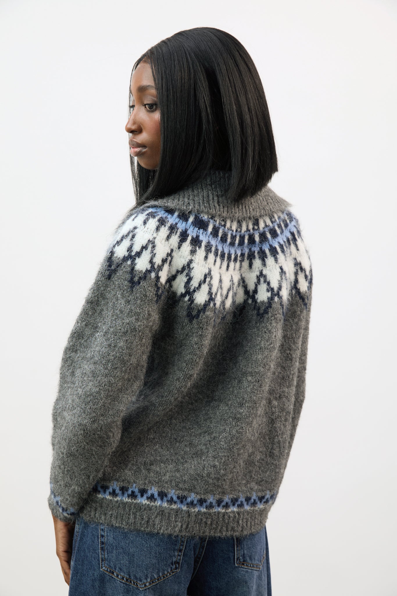 Grey ivory and blue Fair Isle wool blend collared jumper_2
