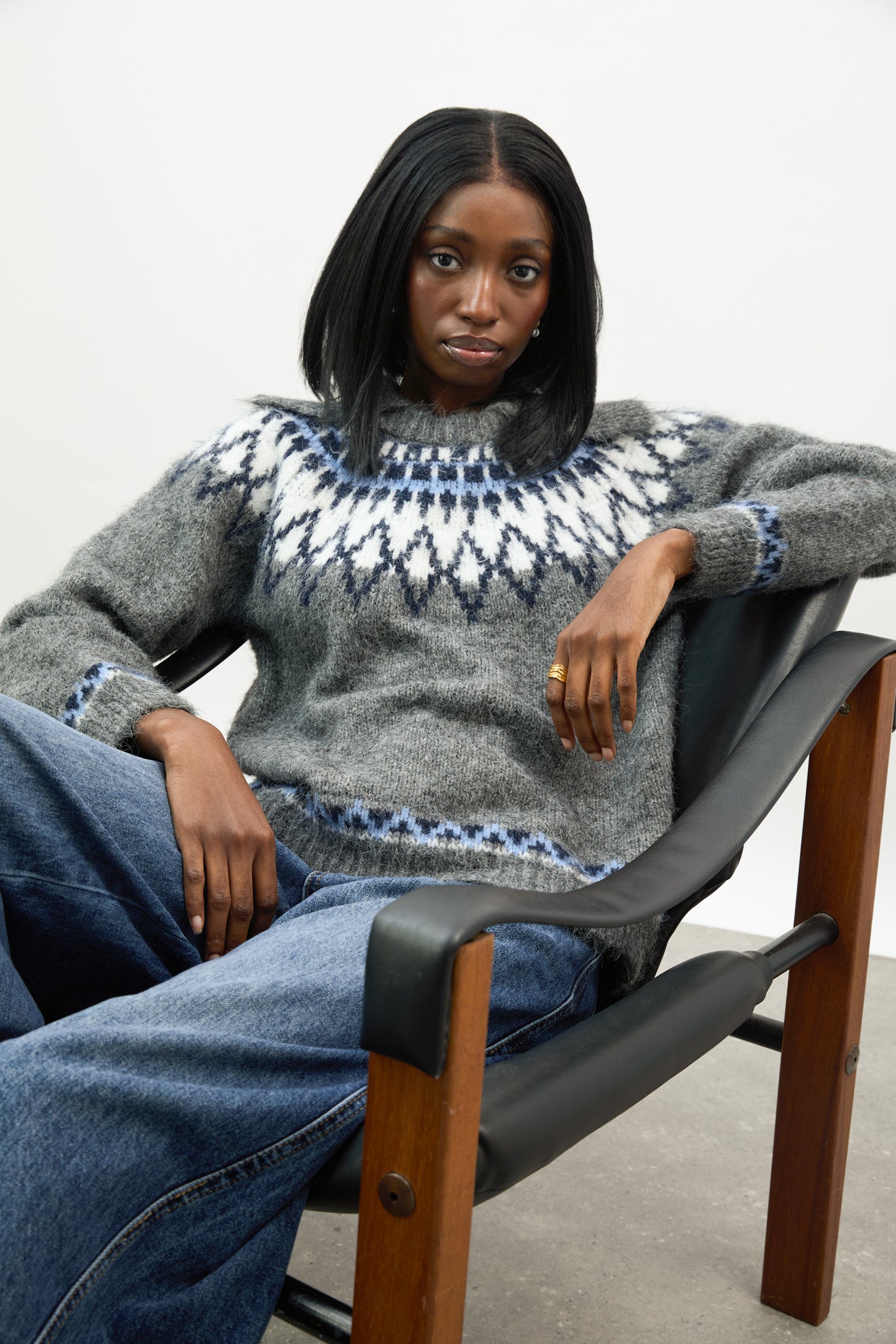 Grey ivory and blue Fair Isle wool blend collared jumper_5