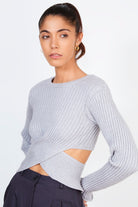 Grey ribbed slit back knit top_1
