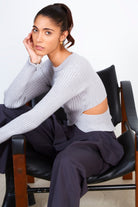 Grey ribbed slit back knit top_5