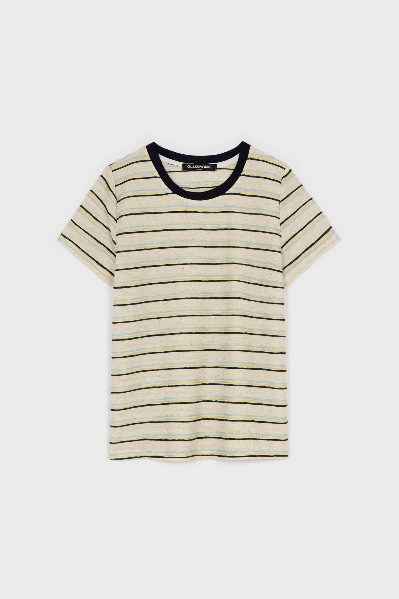 Heather beige blue and yellow striped contrast collar tee_1