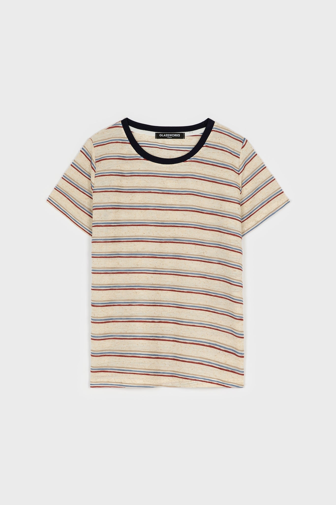 Heather beige red and blue striped contrast collar tee_1