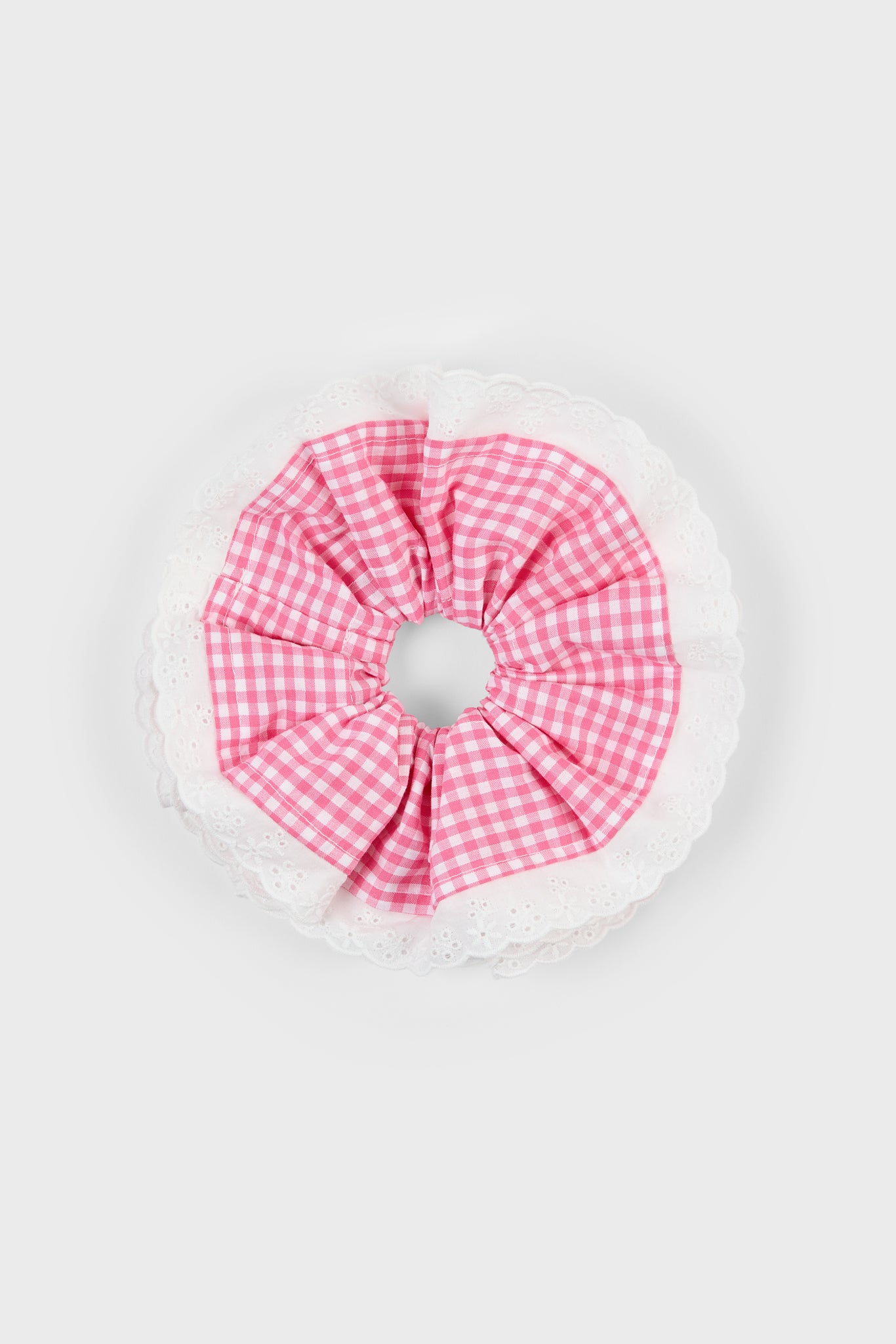 Hot pink gingham white eyelet trim scrunchie_1