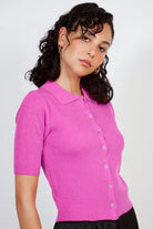 Hot pink bamboo blend button front knit tee_1