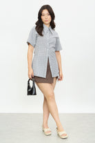Ivory and black checked fitted short sleeve shirt_4