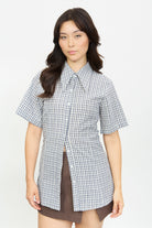 Ivory and black checked fitted short sleeve shirt_1