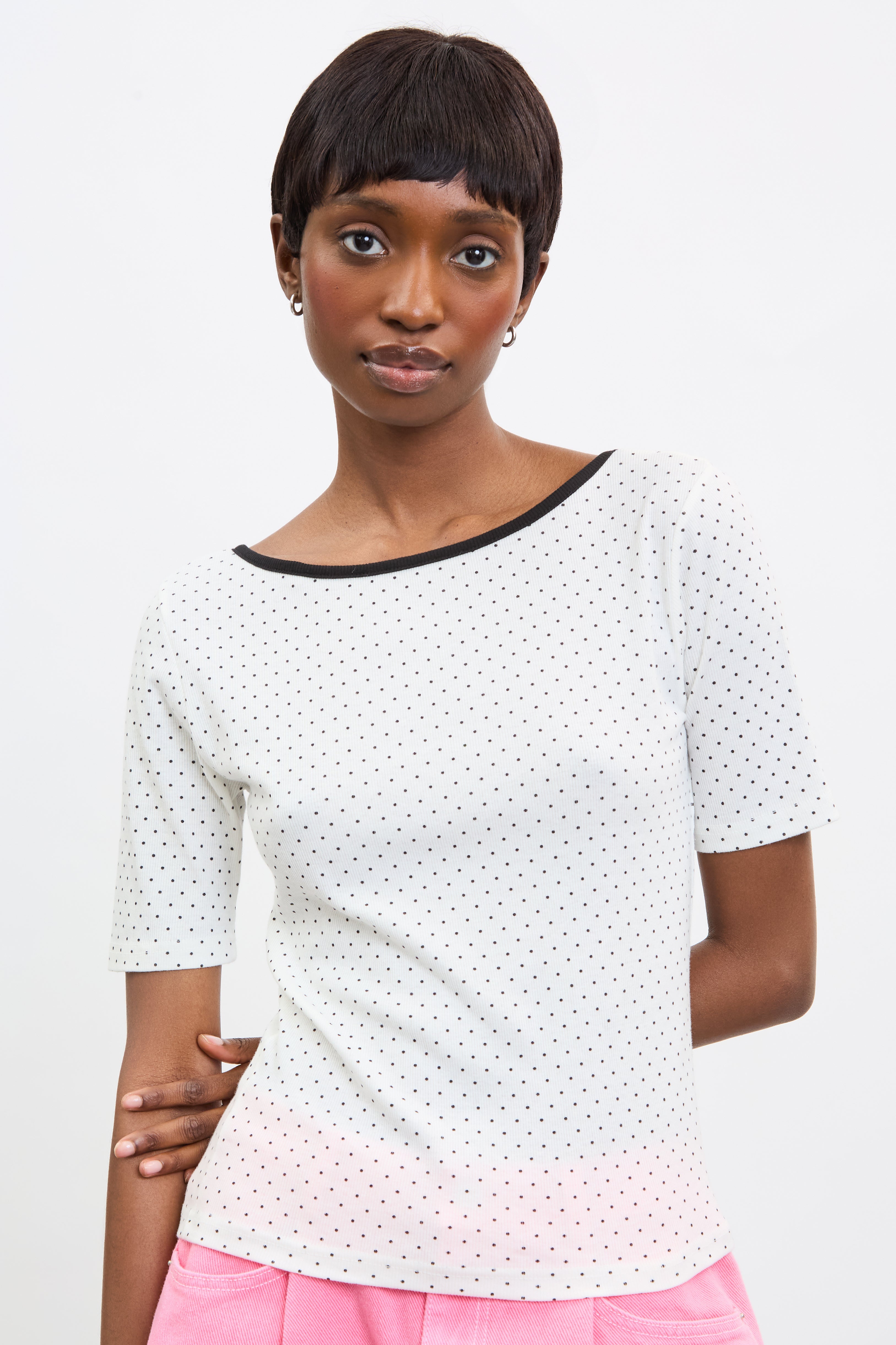 Ivory and black polka dot scoop back tee_1