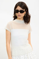 Ivory and black polka dot sheer mock neck tee_1