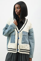 Ivory and blue denim wool blend varsity cardigan jacket_1