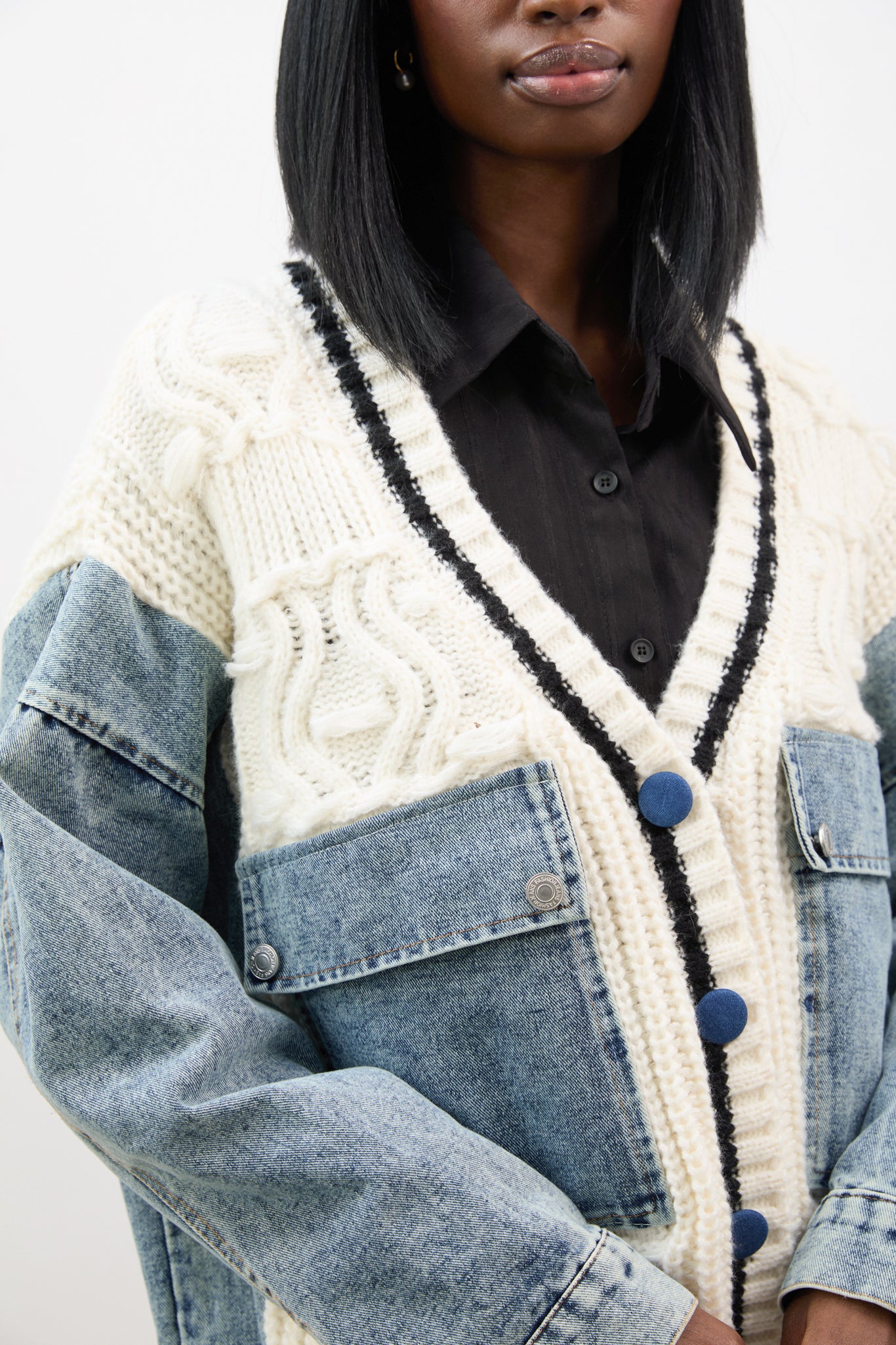 Ivory and blue denim wool blend varsity cardigan jacket_3