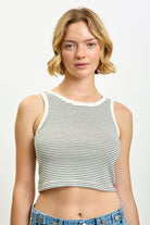 Ivory and brown striped contrast trim tank_1