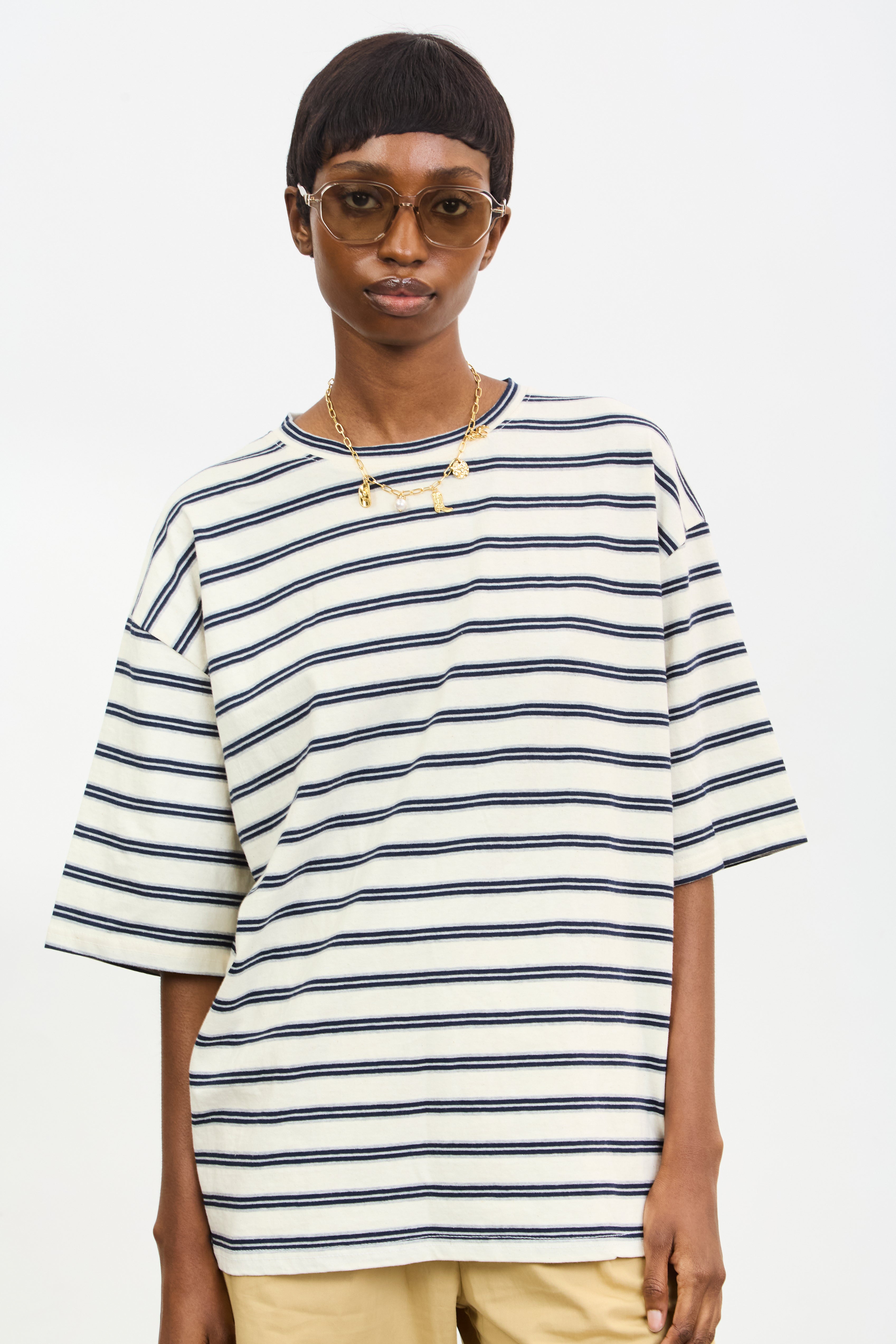 Ivory and navy blue striped short sleeve tee_1