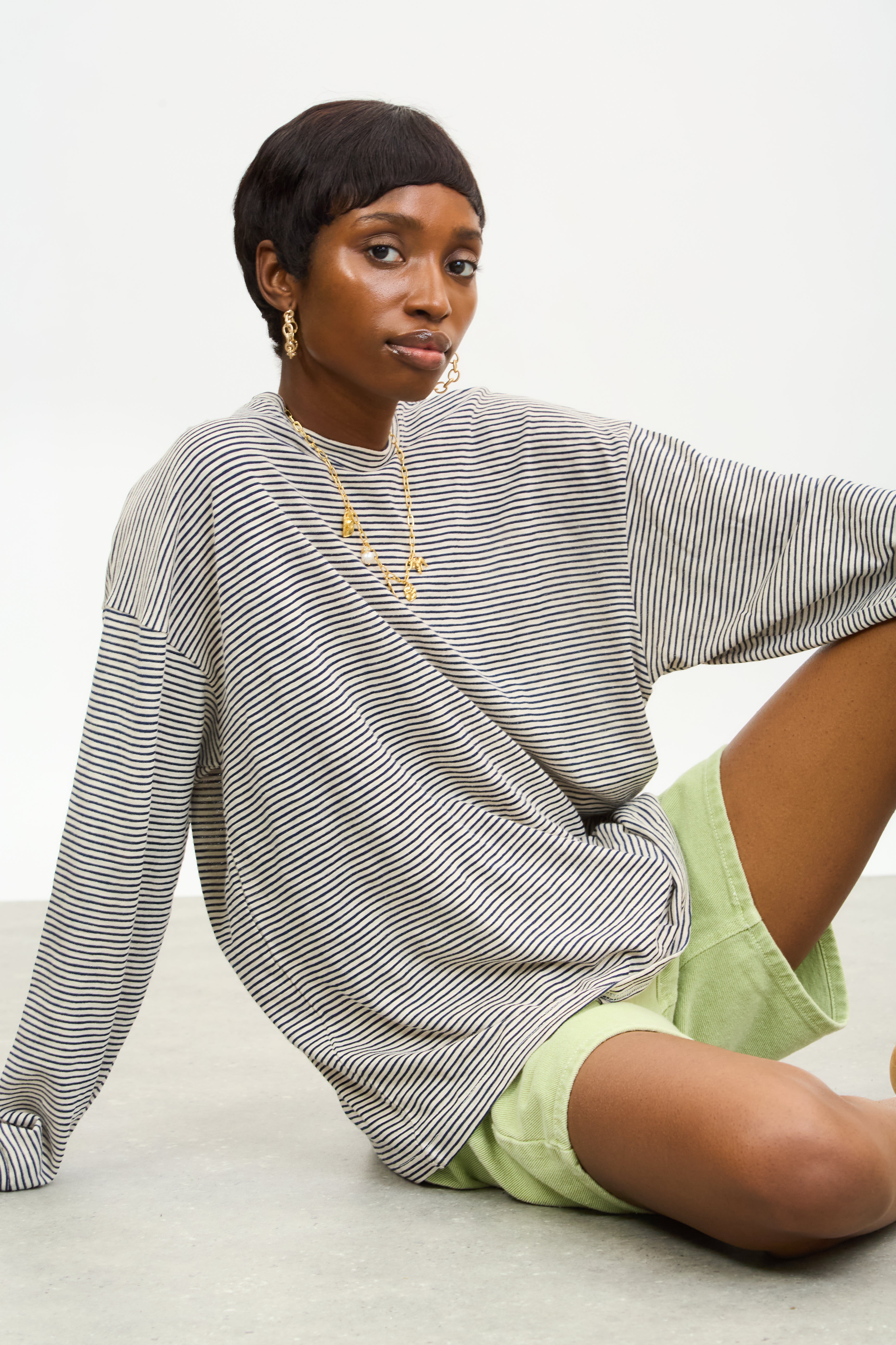 Ivory and navy horizontal stripe long sleeve tee | Glassworks London