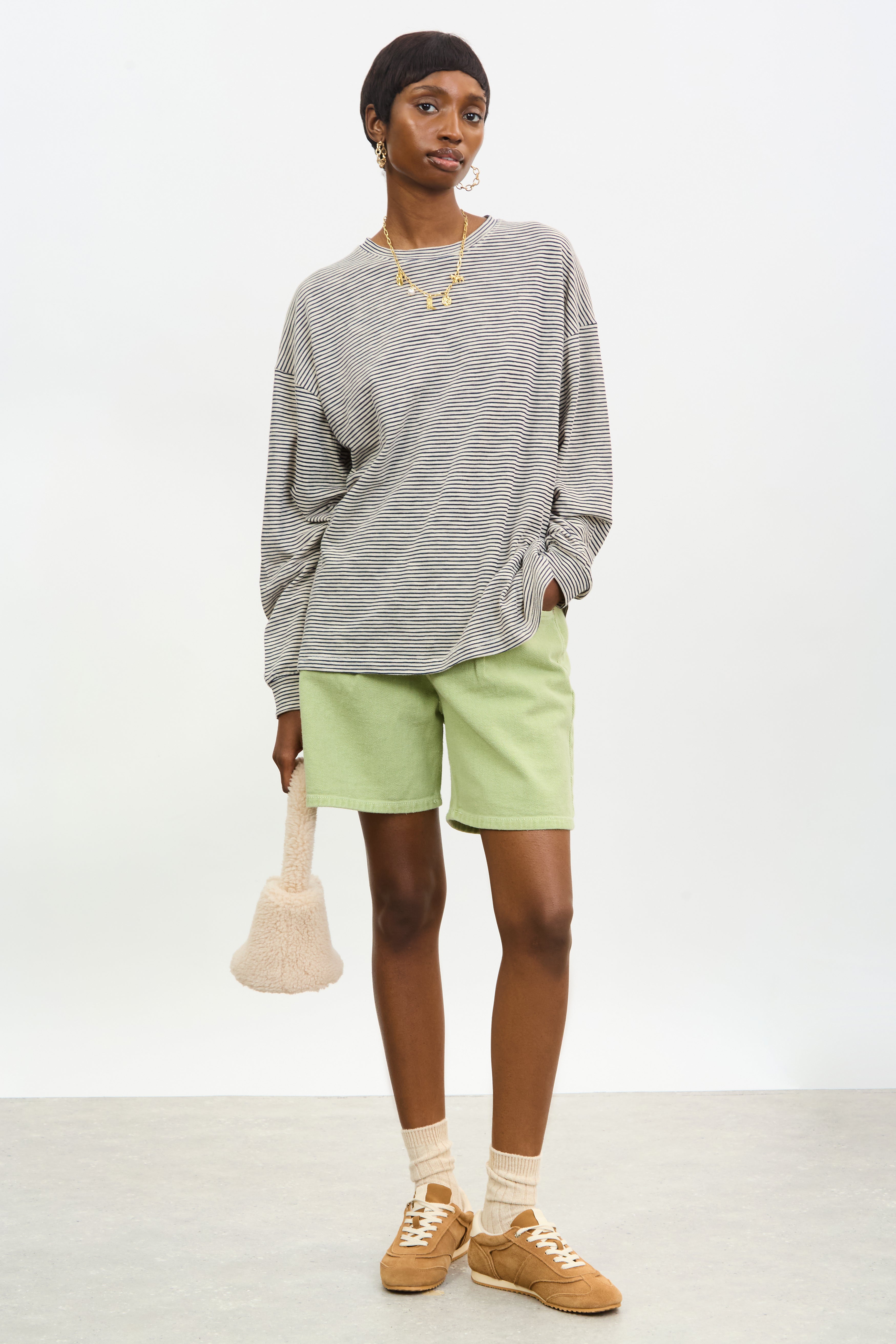 Ivory and navy horizontal stripe long sleeve tee | Glassworks London