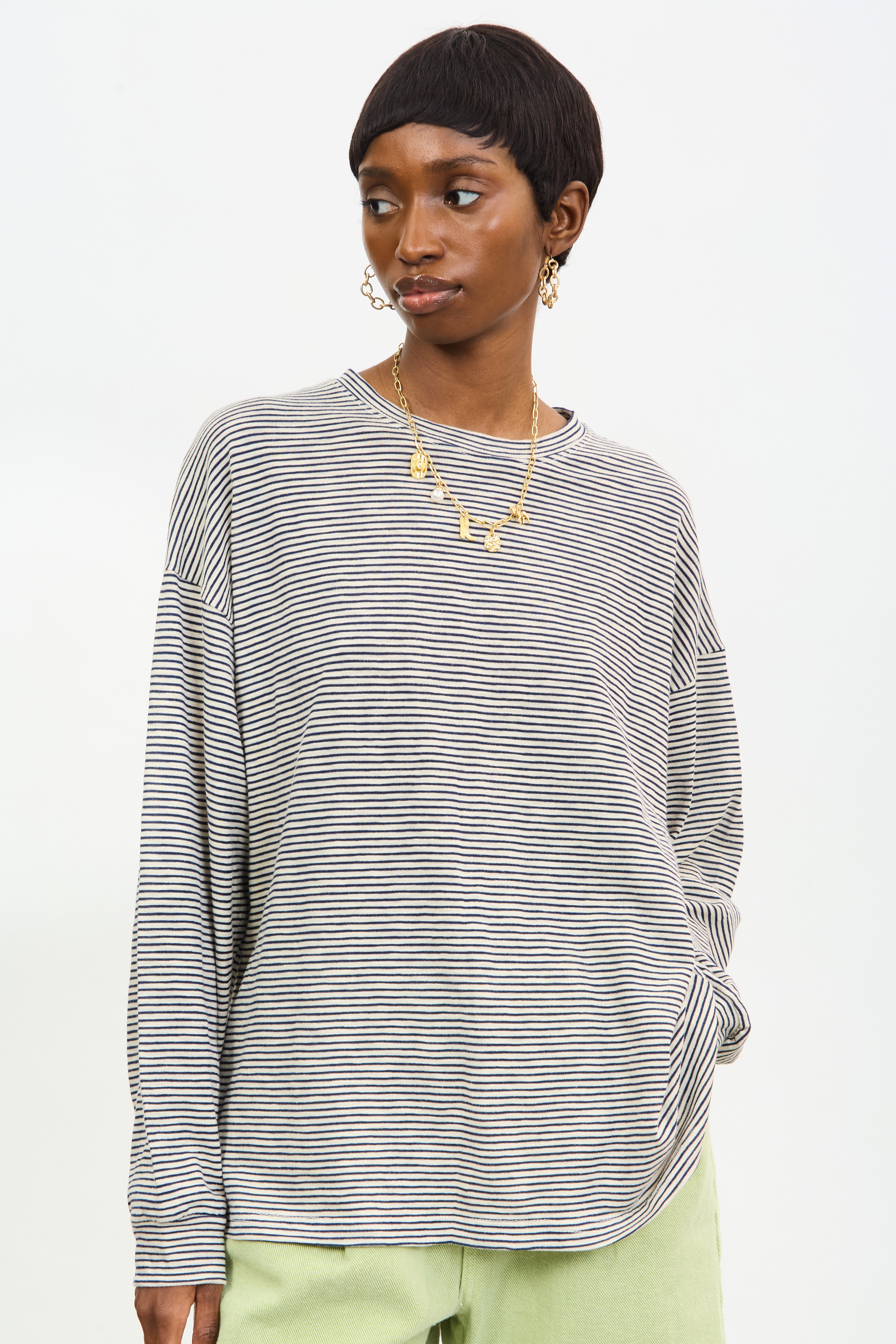 Ivory and navy horizontal stripe long sleeve tee | Glassworks London