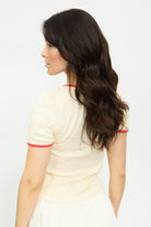 Ivory and red contrast trim bow front tee_2