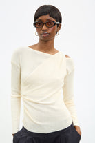 Ivory draped front long sleeve knit top_1