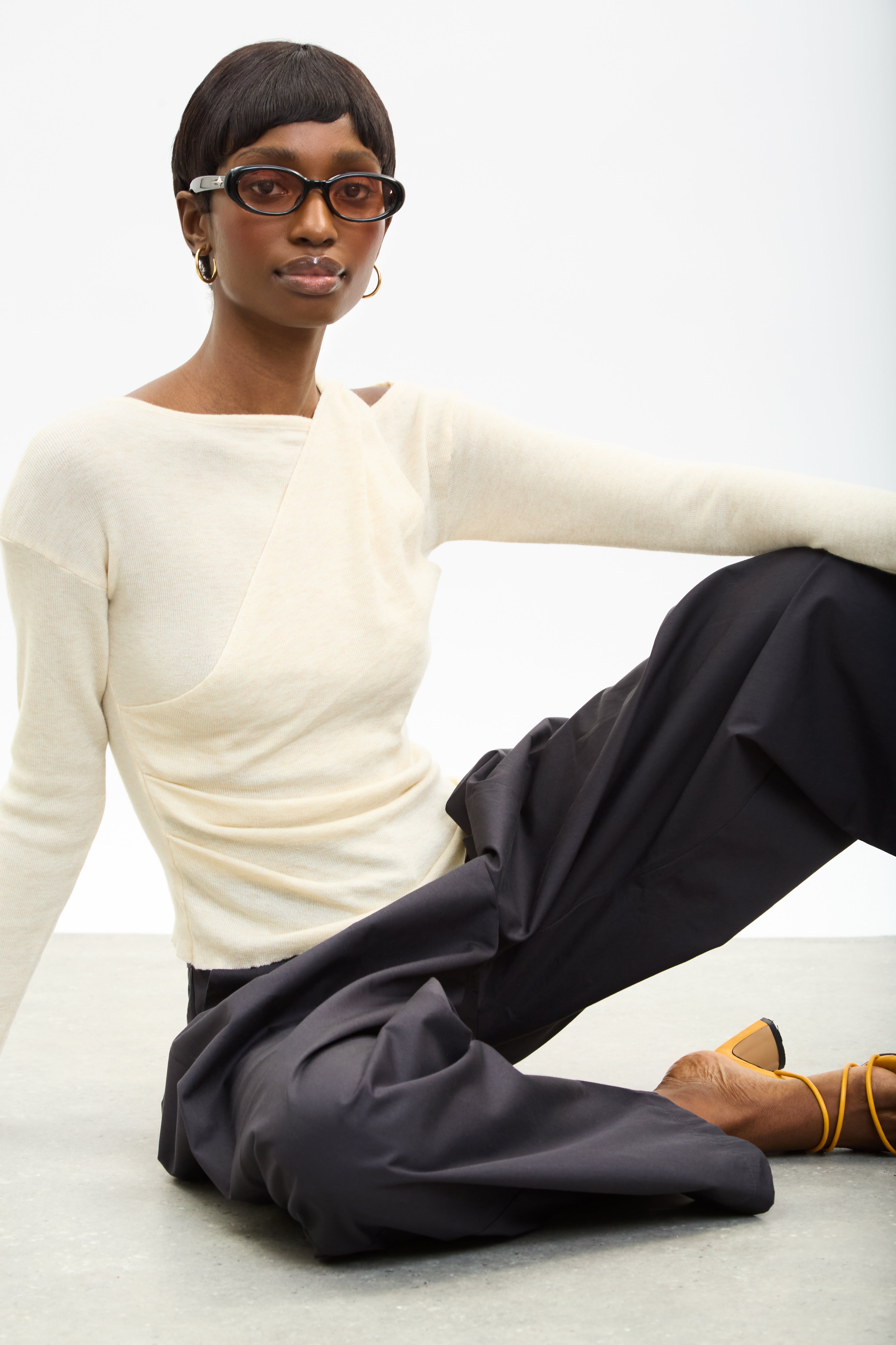 Ivory draped front long sleeve knit top_4