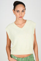 Ivory flecked wool blend V neck sweater vest_1
