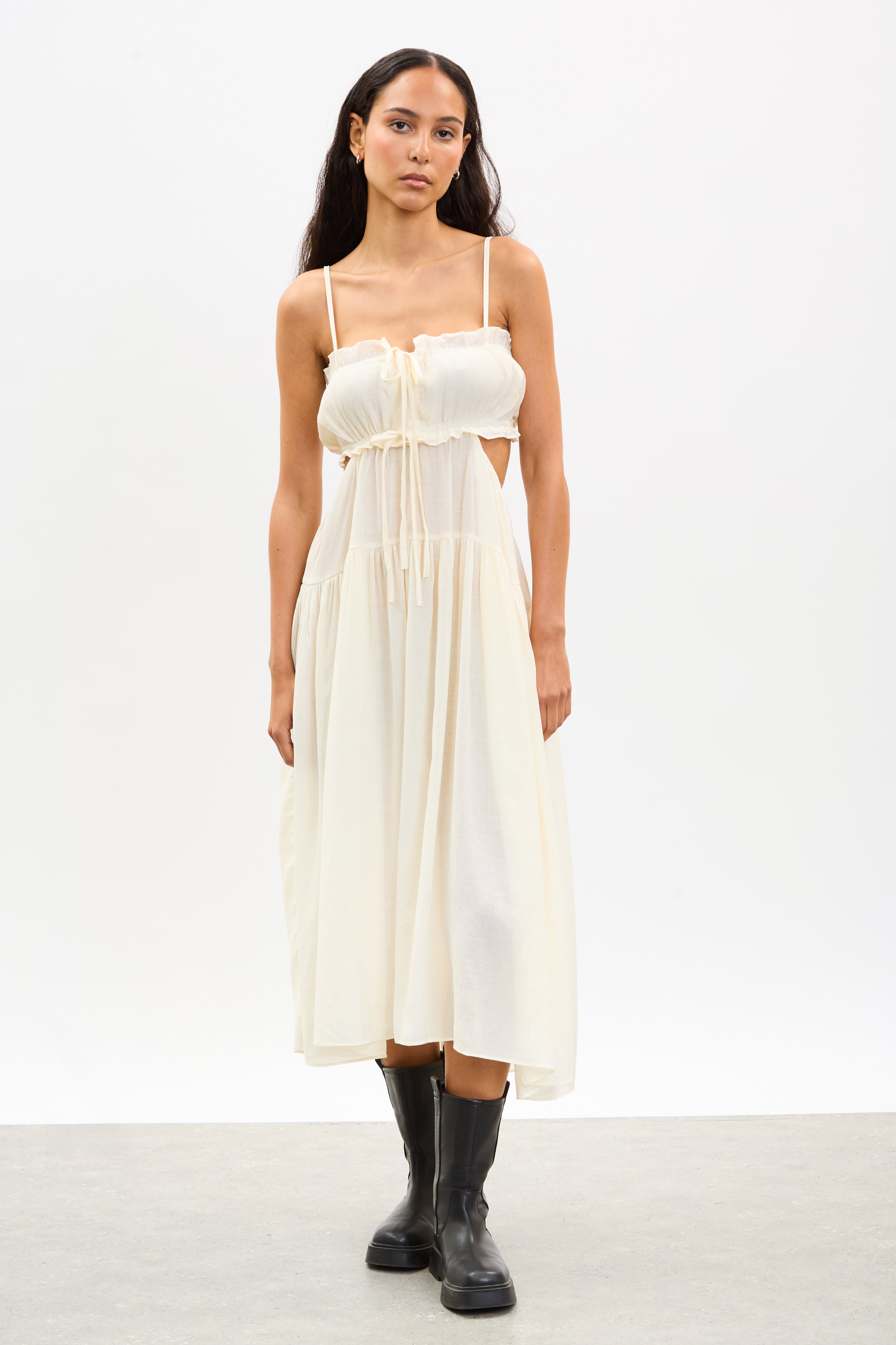 Ivory frill trim strappy peek back midi dress_1