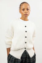 Ivory fuzzy wool blend round neck cardigan_1